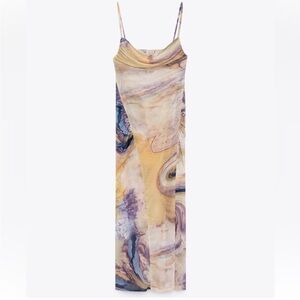 Zara Dress Mesh Bodycon Ruched Tie Dye Marble Cocktail Wedding Pattern Midi